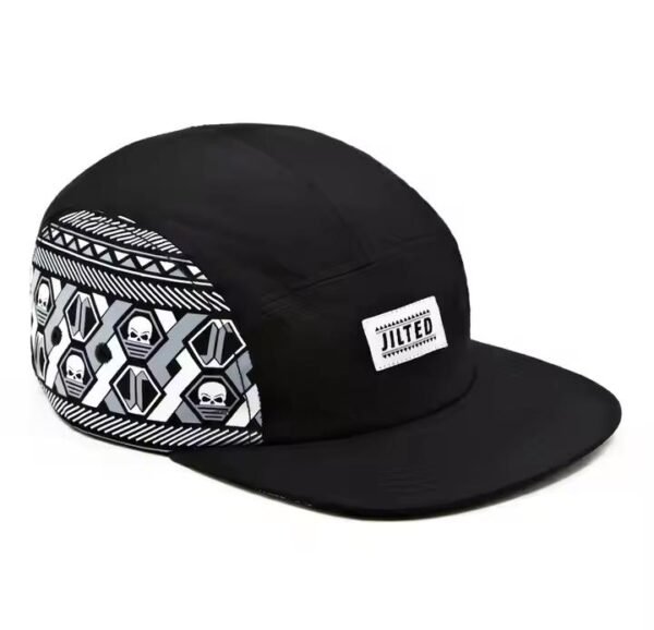 VA Hats – Black & White Cotton 5-Panel Cap with Woven Logo & Digital Prints - Image 2