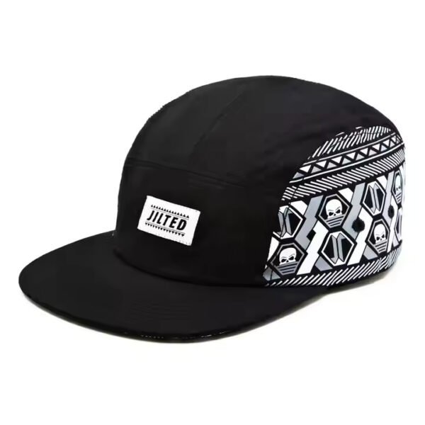 VA Hats – Black & White Cotton 5-Panel Cap with Woven Logo & Digital Prints - Image 3