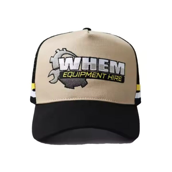 Khaki & Black 5 Panel Trucker Hat – Custom Logo | Breathable Mesh Cap - Image 3