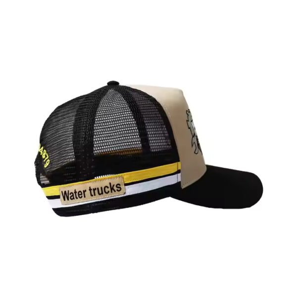 Khaki & Black 5 Panel Trucker Hat – Custom Logo | Breathable Mesh Cap - Image 2