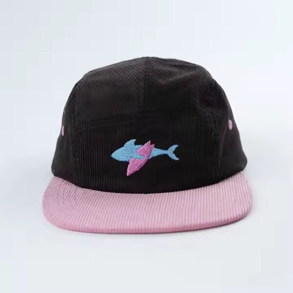 Custom Five Panel Hat – Corduroy Black and Pink Cap with Embroidered Logo - Image 2