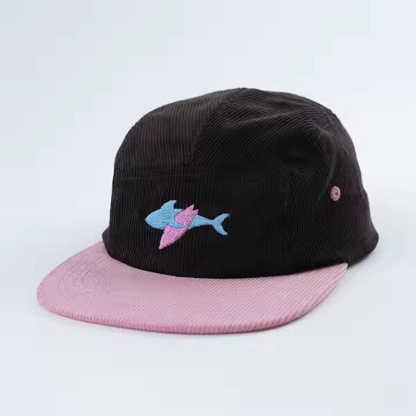Custom Five Panel Hat – Corduroy Black and Pink Cap with Embroidered Logo - Image 3