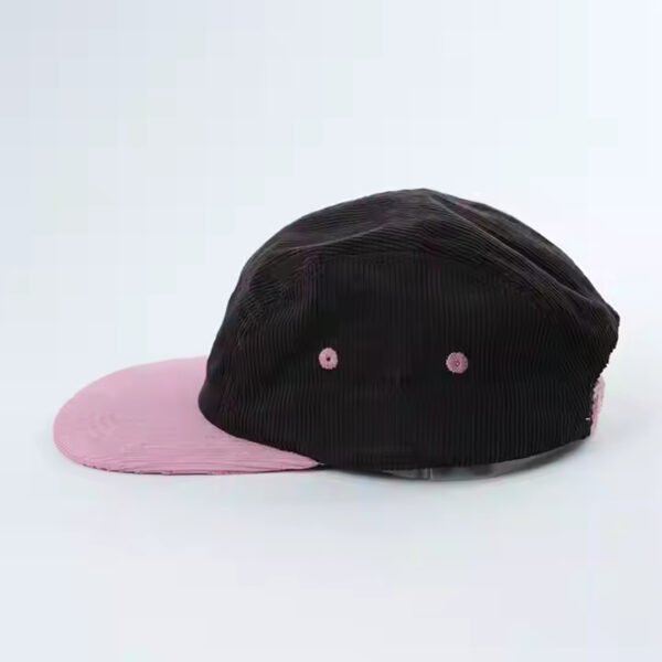 Custom Five Panel Hat – Corduroy Black and Pink Cap with Embroidered Logo - Image 4