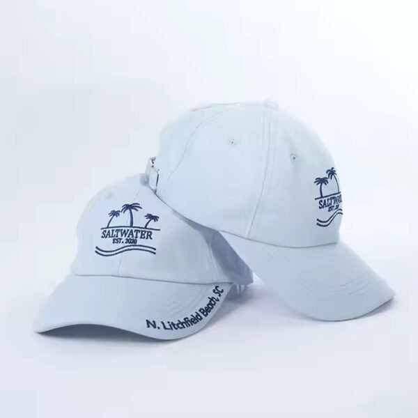 Custom Embroidered Dad Hats – Light Blue Cotton Cap with Logo & Text Brim - Image 5
