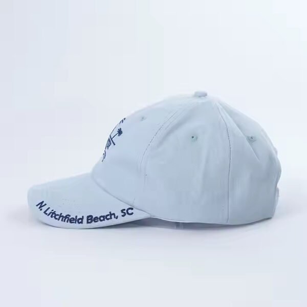 Custom Embroidered Dad Hats – Light Blue Cotton Cap with Logo & Text Brim - Image 3