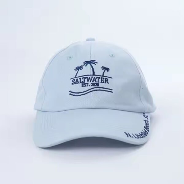 Custom Embroidered Dad Hats – Light Blue Cotton Cap with Logo & Text Brim - Image 2