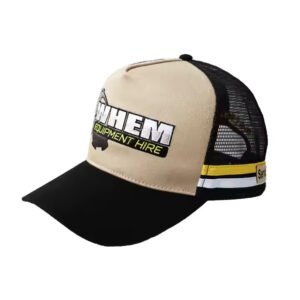 Khaki and black 5 panel trucker hat with mesh back and custom printed logo.
