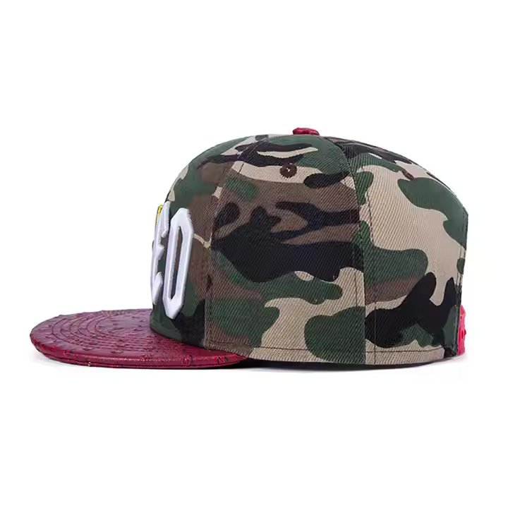 Camo Performance Snapback Hat with Red Leather Brim and 3D Logo - Image 3