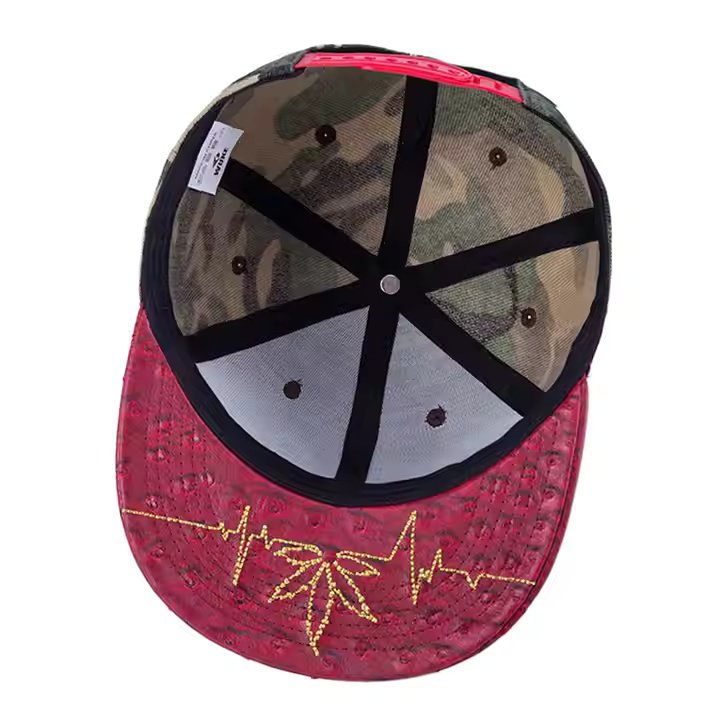 Camo Performance Snapback Hat with Red Leather Brim and 3D Logo - Image 5