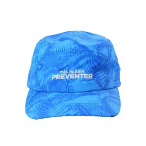 Blue custom 5 panel hat for running with embroidered logo, breathable and lightweight polyester design.