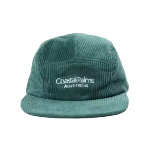 A green corduroy ct hat with an embroidered logo on the front, adult size, suitable for outdoor camping.