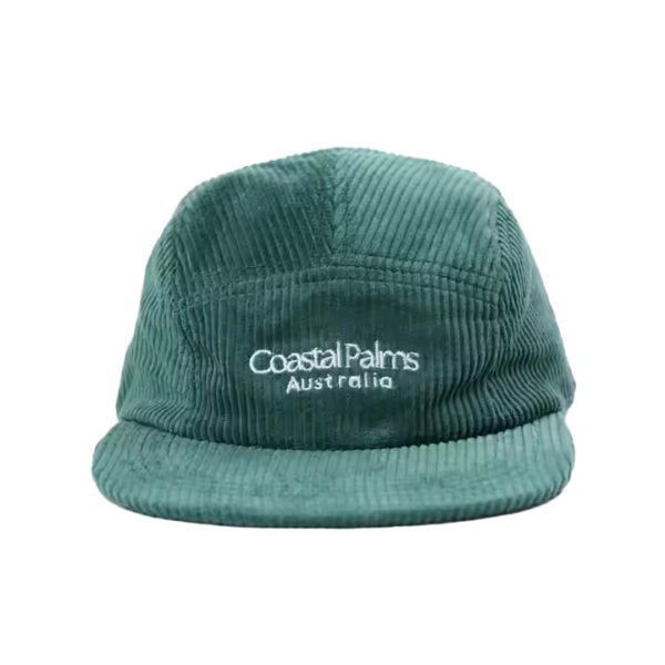 A green corduroy ct hat with an embroidered logo on the front, adult size, suitable for outdoor camping.