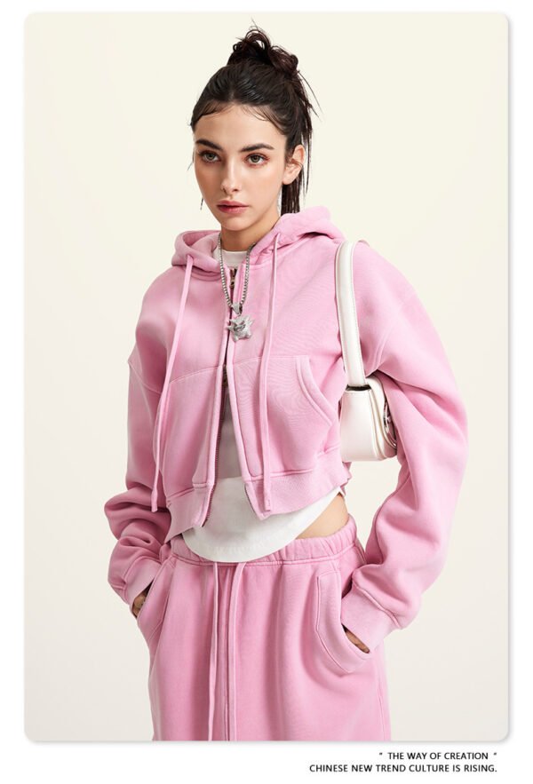 Pink Cropped Fleece Hoodie Women’s Vintage Zip-Up Jacket - Image 2