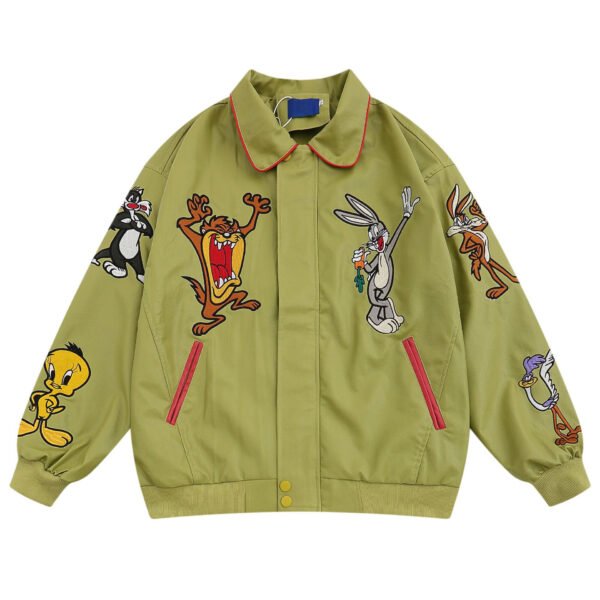 Black Jacket with Patchwork – Cartoon Embroidered Bomber - Image 2