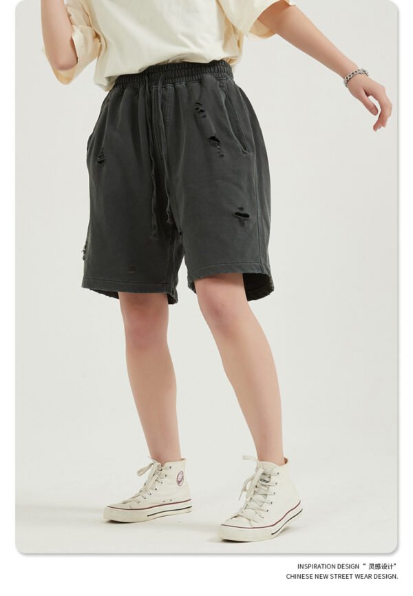 Unisex Distressed Grey Sweat Shorts – Washed Cotton - Image 3