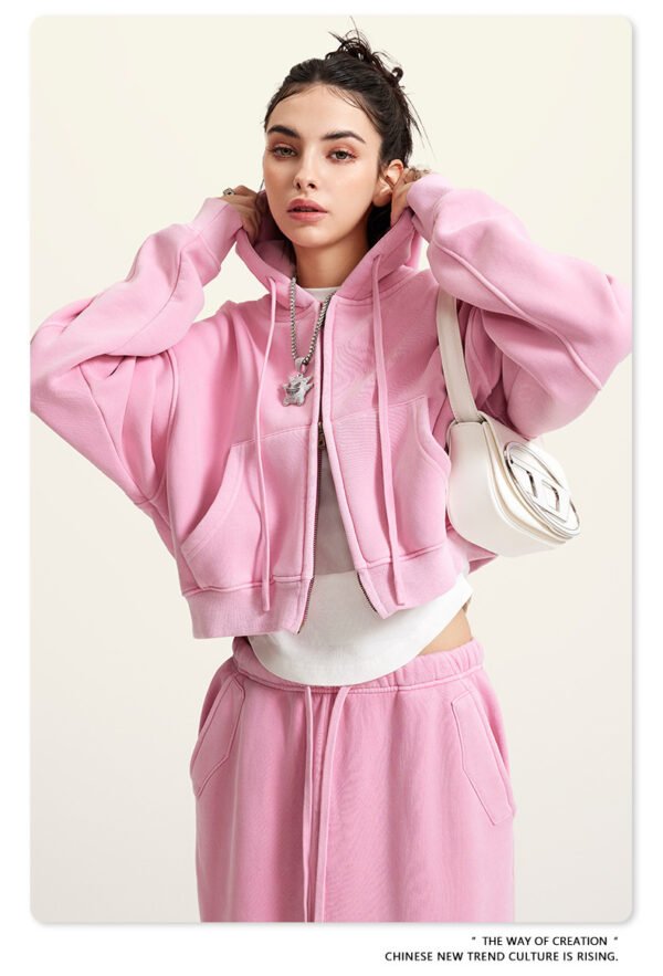 Pink Cropped Fleece Hoodie Women’s Vintage Zip-Up Jacket - Image 3