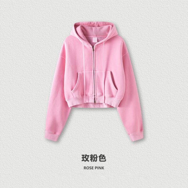 Pink Cropped Fleece Hoodie Women’s Vintage Zip-Up Jacket - Image 5