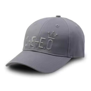 Grey baseball hat with SHE-E.O embroidery and crown detail