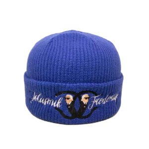 Blue short beanie with embroidered logo and twin graphic design.