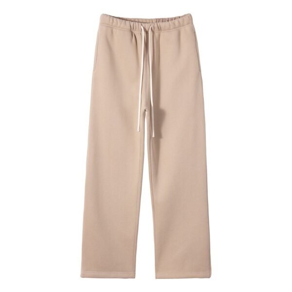 Beige fleece-lined flare sweatpants for men and women with elastic waistband and drawstring