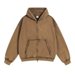Best hoodie blanks in vintage washed brown with double zip and raw-edge seams.