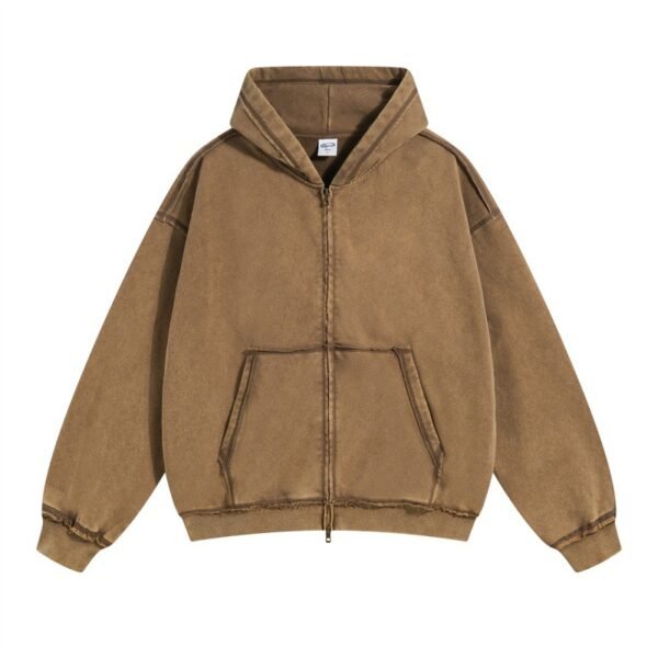 Best hoodie blanks in vintage washed brown with double zip and raw-edge seams.
