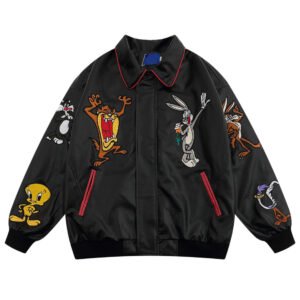 Black bomber jacket with cartoon embroidery patchwork on chest and sleeves.