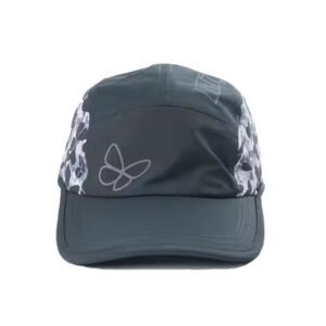 Black nylon performance hat with curved brim, front screen print logo, and digital side panels for outdoor sports.