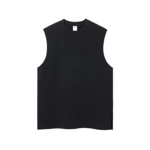 Black on black vest – 100% cotton sleeveless top with side split for unisex streetwear.