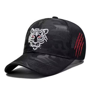 Black performance trucker hat with embroidered tiger logo and mesh back, featuring camouflage digital print.