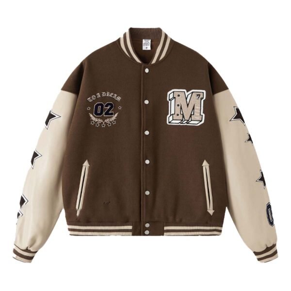 Brown varsity-style blanket and jacket with embroidered patches and leather sleeves