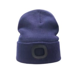 Blue acrylic long beanie with front silicone patch logo, designed for adults.