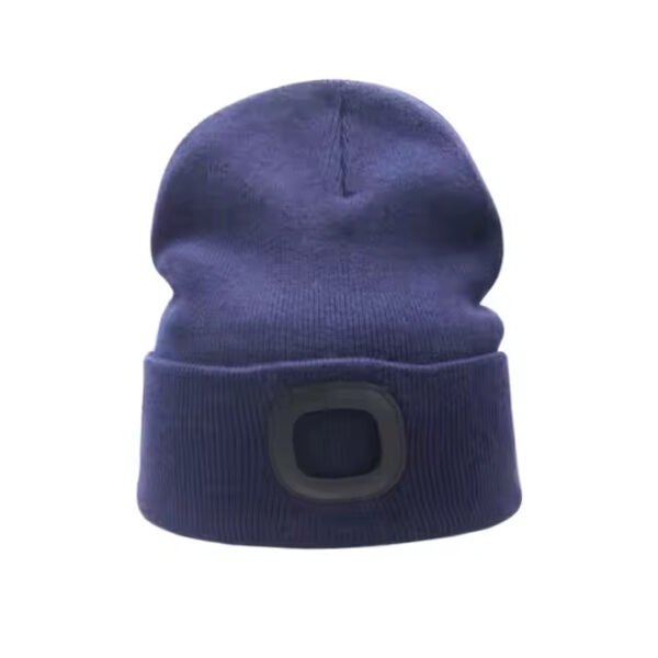 Blue acrylic long beanie with front silicone patch logo, designed for adults.