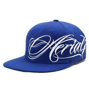Blue snapback hat with large embroidered script logo and flat brim