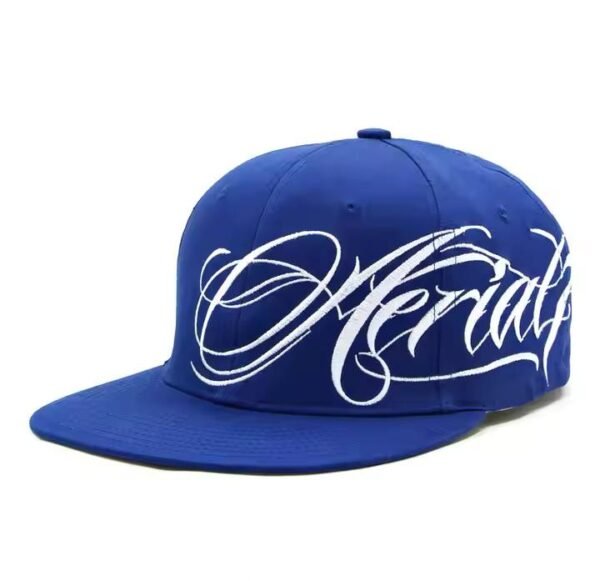Blue snapback hat with large embroidered script logo and flat brim