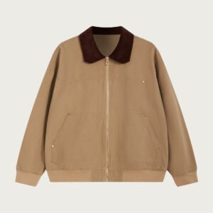 Khaki bomber jacket for women with contrast collar and windproof fabric.