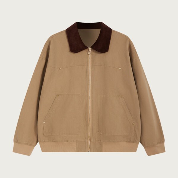 Khaki bomber jacket for women with contrast collar and windproof fabric.