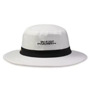 Bucket cap white with long brim and black band, featuring custom embroidered logo for outdoor protection.