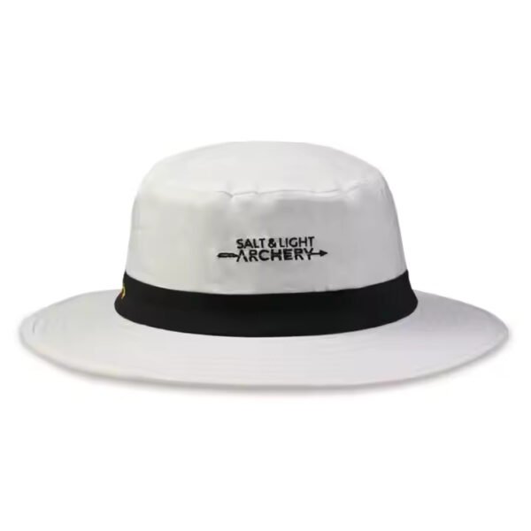 Bucket cap white with long brim and black band, featuring custom embroidered logo for outdoor protection.