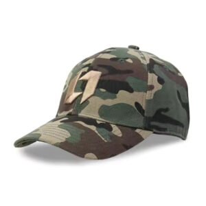 Camo cap with gold 3D embroidered logo and curved brim made from cotton twill