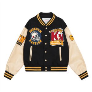 Stylish black and white canvas jacket with varsity embroidery and PU leather sleeves