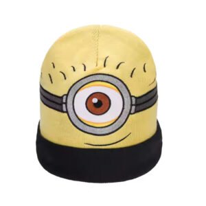 Yellow cartoon long beanie with one-eye minion design and black cuff.