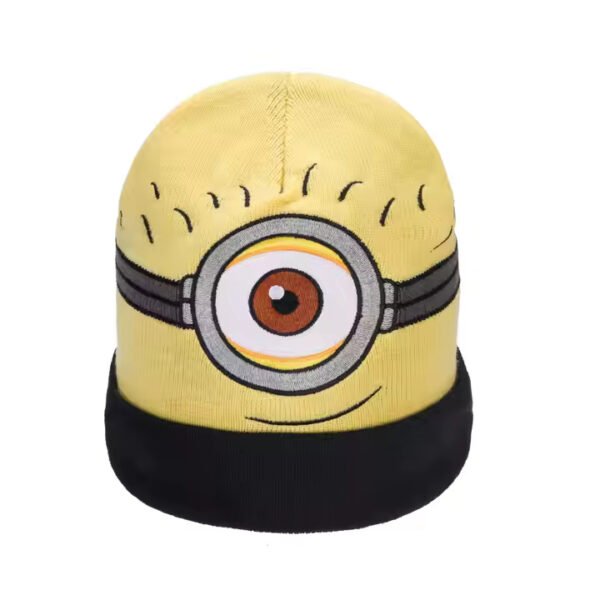 Yellow cartoon long beanie with one-eye minion design and black cuff.