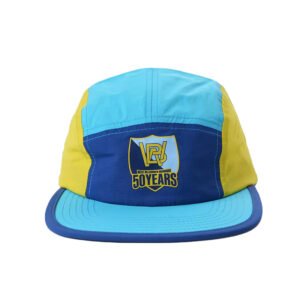 Color-block 5 panel cap made from nylon with front screen print, perfect for outdoor sports and camping.