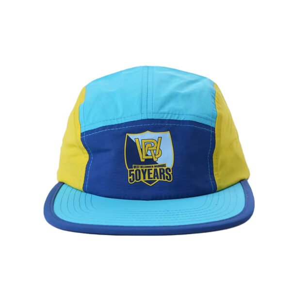 Color-block 5 panel cap made from nylon with front screen print, perfect for outdoor sports and camping.