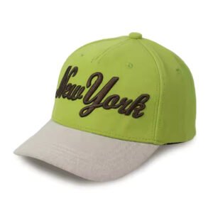 Custom 5 panel hat with green crown, gray brim, and 3D brown New York embroidery