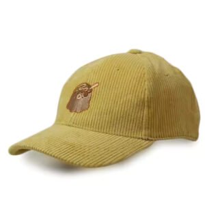 Custom yellow corduroy hat with embroidered logo and curved brim