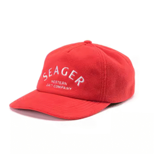 Red teddy fleece custom dad hat with white embroidered logo.