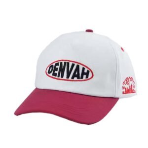 Custom dad hat in white and red with embroidered front and side logos.