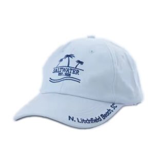 Light blue custom embroidered dad hat with palm tree logo and text on brim.